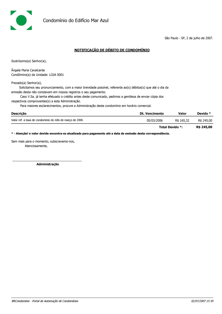 Condomínio Cartas de Débito com Correção/Juros/Multa
