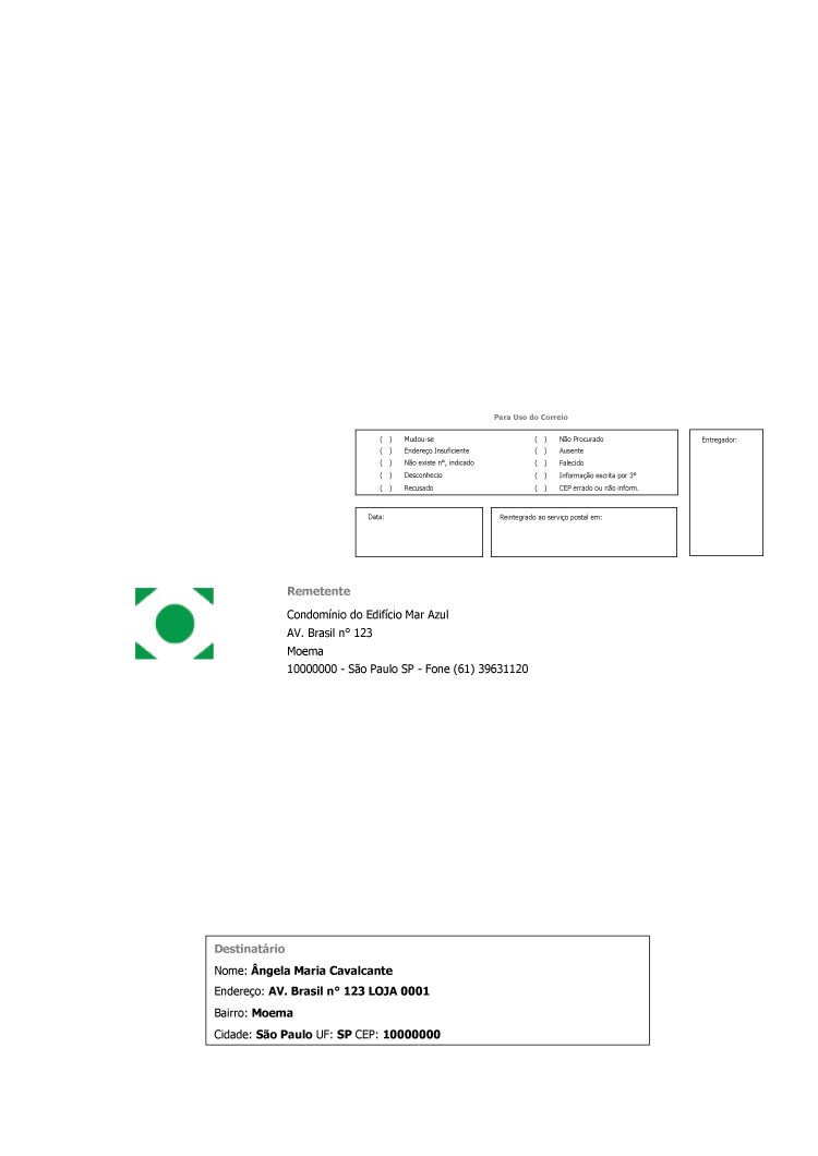 Condomínio Cartas de Débito para Impressão Duplex (Frente/Verso)