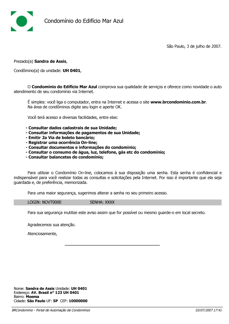 Condomínio Carta Padrão para Envio de Senhas aos Condôminos